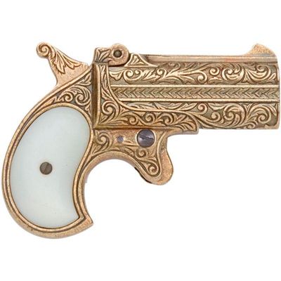 Antique gold-toned double-barrel derringer pocket pistol featuring intricate scrollwork engraving and mother-of-pearl style grips.