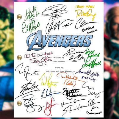 Autographed cast script cover for Marvel's The Avengers, featuring multiple signatures in various colored inks, including Stan Lee,...