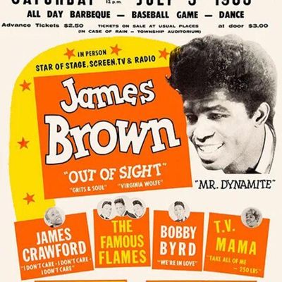 Vintage James Brown concert poster for a July 3, 1965 show at W. A. Perry Stadium in Columbia, South Carolina, featuring guest performers...