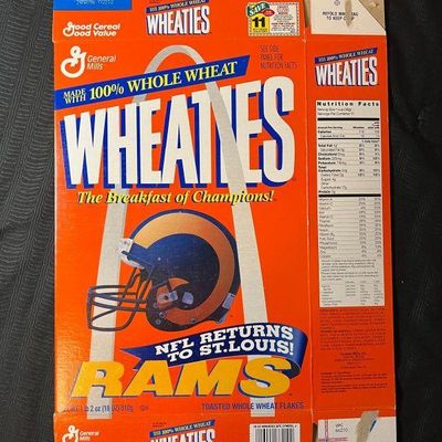 Flattened vintage 1995 Wheaties cereal box celebrating the NFL St. Louis Rams, featuring the team's helmet graphic and 'NFL...
