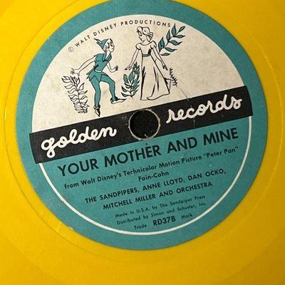 Vintage Walt Disney's Peter Pan "Your Mother and Mine" Golden Records 78 RPM yellow vinyl record, catalog number RD37B.