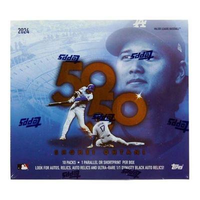 Sealed 2024 Topps Shohei Ohtani 50/50 Major League Baseball trading card hobby box in original shrink wrap.