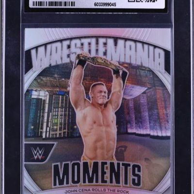 CGC Certified Authentic 2024 Panini Prizm WWE WrestleMania Moments #9 John Cena Silver trading card encased in a protective slab.
