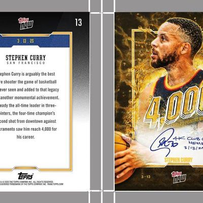 Front and back view of a 2025 Topps Now Stephen Curry trading card celebrating his 4,000th career three-pointer.