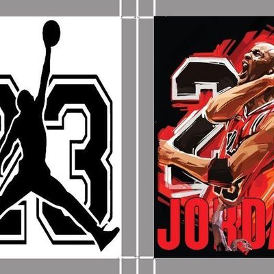 Pair of Michael Jordan framed art prints featuring the Jumpman logo with number 23 and an illustrated Chicago Bulls action portrait.