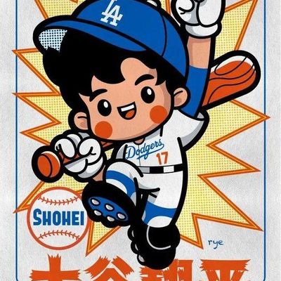 Anime-style graphic illustration featuring Los Angeles Dodgers player Shohei Ohtani in a cartoon chibi design.