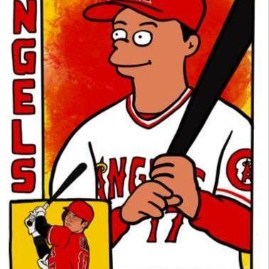 Sale Photo Thumbnail #22: Novelty Simpsons-style Shohei Ohtani Los Angeles Angels baseball card art print.