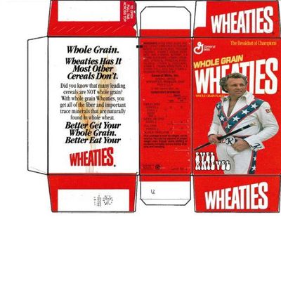 Sale Photo Thumbnail #23: Unassembled vintage Wheaties cereal box flat featuring stunt performer Evel Knievel, circa 1970s.