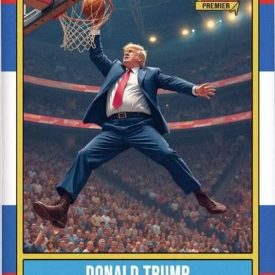 Sale Photo Thumbnail #24: Novelty Donald Trump "Premier" basketball-style trading card depicting a slam dunk imagery with red, white, and blue borders.