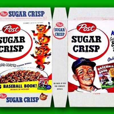 Sale Photo Thumbnail #28: Vintage Post Sugar Crisp cereal box flat featuring Sugar Bear mascot and a 15-cent baseball book promotion.