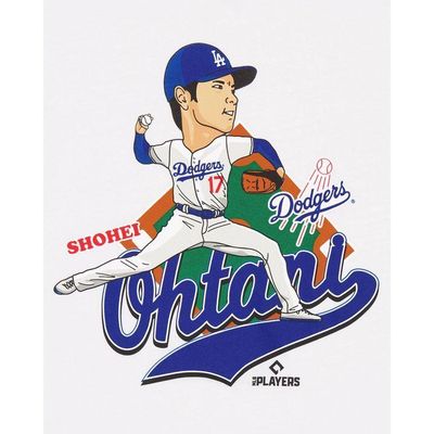 Sale Photo Thumbnail #29: Shohei Ohtani Los Angeles Dodgers cartoon caricature graphic printed on a white t-shirt or apparel item.