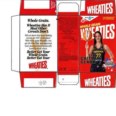 Sale Photo Thumbnail #34: Unfolded Wheaties cereal box proof featuring Indiana Fever basketball player Caitlin Clark.
