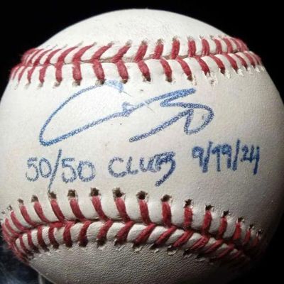 Sale Photo Thumbnail #35: Autographed Shohei Ohtani baseball, inscribed '50/50 club 9/19/24' in blue ink.