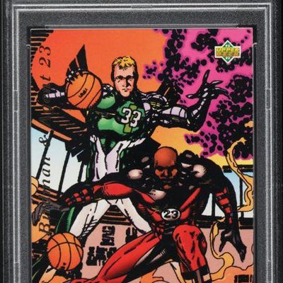 Sale Photo Thumbnail #38: PSA 6 EX-MT graded 1992 Upper Deck Fanimation basketball card #510 featuring Michael Jordan and Larry Bird.