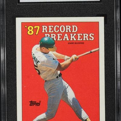 Sale Photo Thumbnail #39: SGC-graded 88 NM-MT 1988 Topps #3 Mark McGwire Record Breakers trading card in a protective slab.
