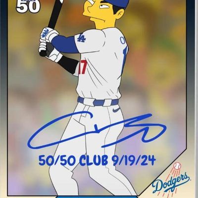 Sale Photo Thumbnail #40: Custom 2024 Shohei Ohtani collectible baseball card rendered in a Simpsons-style cartoon illustration, celebrating his 50/50 Club milestone.