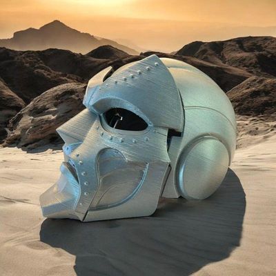 3D-printed Doctor Doom style helmet with a metallic silver finish, featuring visible print layers and rivet details.