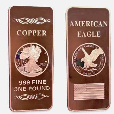 One-pound .999 fine copper bullion bar featuring the American Eagle design, shown from both the front and back sides.