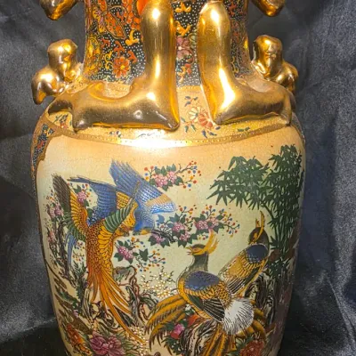 Vintage Japanese Satsuma Moriage Porcelain Urn Vase with Peacock Scene