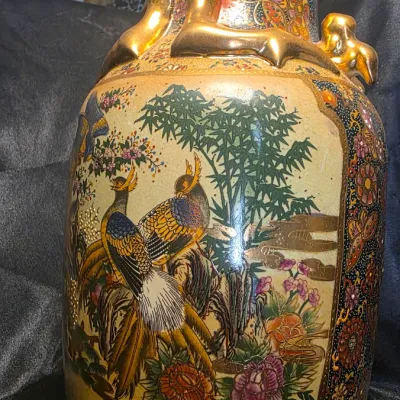 Vintage Japanese Satsuma Moriage Porcelain Urn Vase with Peacock Scene