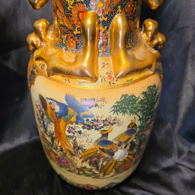 Vintage Japanese Satsuma Moriage Porcelain Urn Vase with Peacock Scene
