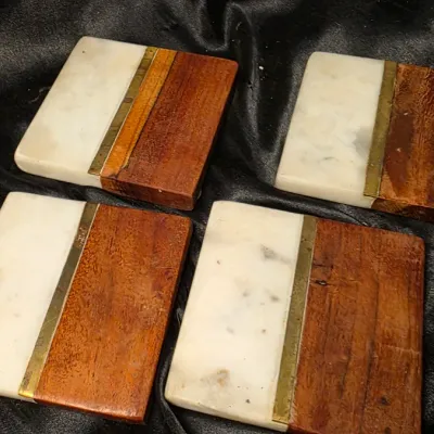 Set of 4 Marble & Wood Inlay Coasters with Brass Accent Modern Design