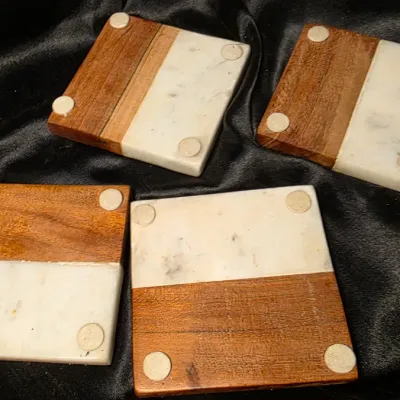 Set of 4 Marble & Wood Inlay Coasters with Brass Accent Modern Design
