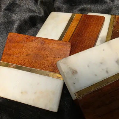 Set of 4 Marble & Wood Inlay Coasters with Brass Accent Modern Design