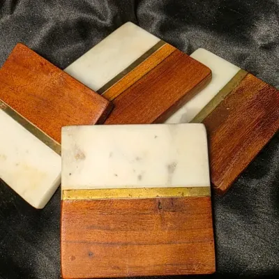 Set of 4 Marble & Wood Inlay Coasters with Brass Accent Modern Design