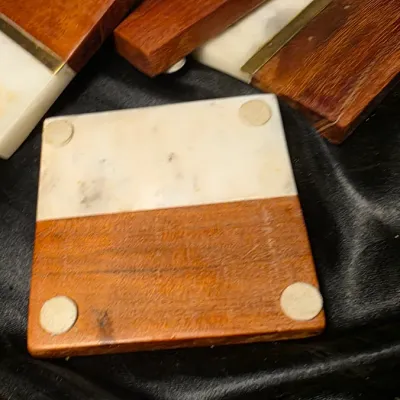 Set of 4 Marble & Wood Inlay Coasters with Brass Accent Modern Design