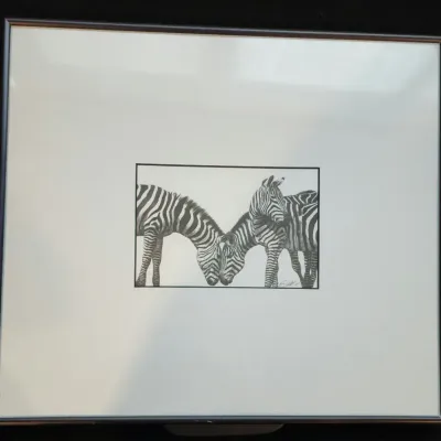 Framed Signed Jerry Winick Lithograph "Three Zebras" 17" x 15"