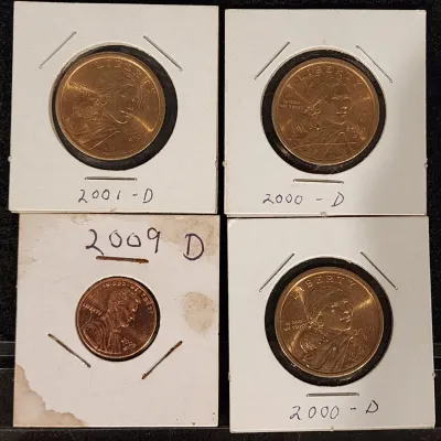 2000 D Sacagawea Dollar & Penny Set From US Mint Coin Roll Brilliant Uncirculated & $1 $2 Rare Bills