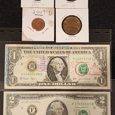 2000 D Sacagawea Dollar & Penny Set From US Mint Coin Roll Brilliant Uncirculated & $1 $2 Rare Bills