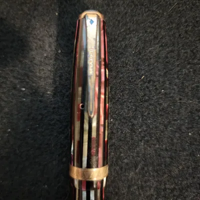 High Value 3 to 4 Figure Vintage Parker Duofold Striped Fountain Pen Dusty Red Celluloid Blue Diamond Cap Rare