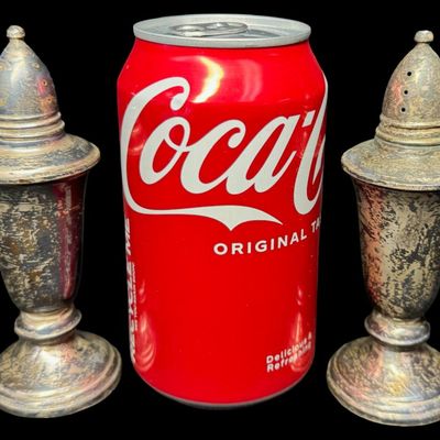 Sale Photo Thumbnail #41: This is a pair of weighted sterling silver Crown salt and pepper shakers. The overall weight is 213 grams. [RS]