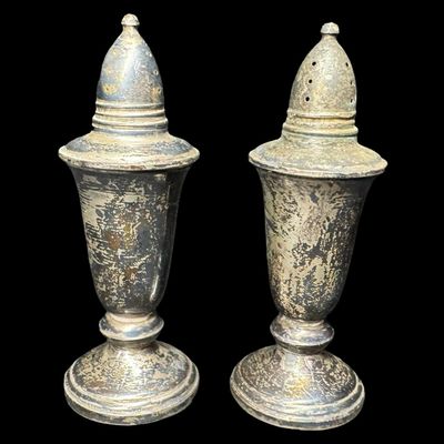 Sale Photo Thumbnail #40: This is a pair of weighted sterling silver Crown salt and pepper shakers. The overall weight is 213 grams. [RS]