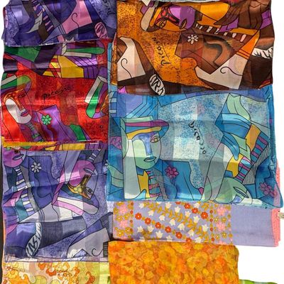 Sale Photo Thumbnail #90: Makers include Picasso, and more. Total of 13 scarves. There are no obvious stains or tears. Some have hand-rolled edges. Measurement of largest: 60” x 13”. [CS]
