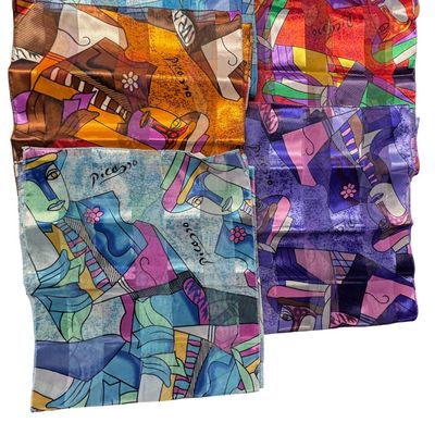 Sale Photo Thumbnail #89: Makers include Picasso, and more. Total of 13 scarves. There are no obvious stains or tears. Some have hand-rolled edges. Measurement of largest: 60” x 13”. [CS]