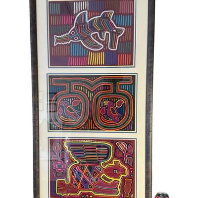 Sale Photo Thumbnail #120: These are constructed using a complex reverse-appliqué method. Designs feature a stylized sea creature, two symmetrical birds, and a stylized quadruped animal (possibly a jaguar, tapir, or mythical creature). Measurement: 42” x 22”. [AG]