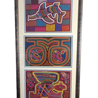 Sale Photo Thumbnail #118: These are constructed using a complex reverse-appliqué method. Designs feature a stylized sea creature, two symmetrical birds, and a stylized quadruped animal (possibly a jaguar, tapir, or mythical creature). Measurement: 42” x 22”. [AG]