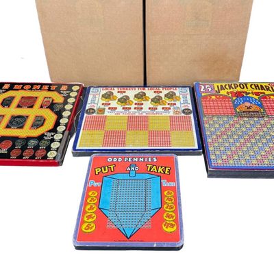 Sale Photo Thumbnail #121: Includes Odd Pennies, Local Turkeys for Local People, Jackpot Charley, 5 Money 5 Pays, and Unwrapped Jackpot Charley Games. Total of six vintage pieces in unused good vintage condition. [RS]