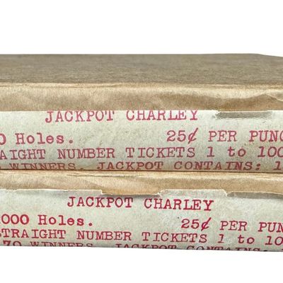 Sale Photo Thumbnail #124: Includes Odd Pennies, Local Turkeys for Local People, Jackpot Charley, 5 Money 5 Pays, and Unwrapped Jackpot Charley Games. Total of six vintage pieces in unused good vintage condition. [RS]