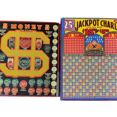 Sale Photo Thumbnail #122: Includes Odd Pennies, Local Turkeys for Local People, Jackpot Charley, 5 Money 5 Pays, and Unwrapped Jackpot Charley Games. Total of six vintage pieces in unused good vintage condition. [RS]