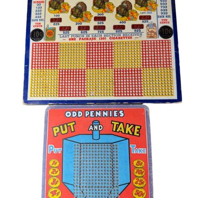 Sale Photo Thumbnail #123: Includes Odd Pennies, Local Turkeys for Local People, Jackpot Charley, 5 Money 5 Pays, and Unwrapped Jackpot Charley Games. Total of six vintage pieces in unused good vintage condition. [RS]