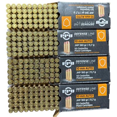 Sale Photo Thumbnail #138: Includes four unopened boxes of PPV Defense Line 10mm 180 grain ammo. Each box contains 50 rounds. Total of 200 rounds. **NO SHIPPING ON AMMUNITION.** [RS]