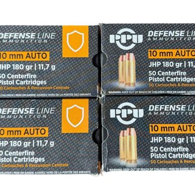 Sale Photo Thumbnail #136: Includes four unopened boxes of PPV Defense Line 10mm 180 grain ammo. Each box contains 50 rounds. Total of 200 rounds. **NO SHIPPING ON AMMUNITION.** [RS]