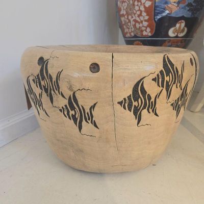 Sale Photo Thumbnail #117: Cottonwood scultpture angel fish carved side table 