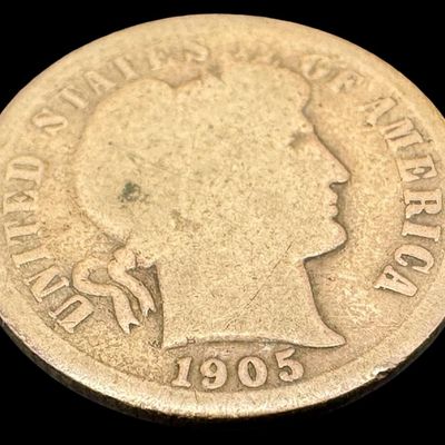 Sale Photo Thumbnail #180: Includes an 1897 Barber quarter, a 1905 Barber dime, and an 1845 half dime. Total of three ungraded coins. Silver content is 90%. [PM]