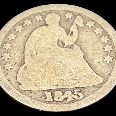 Sale Photo Thumbnail #181: Includes an 1897 Barber quarter, a 1905 Barber dime, and an 1845 half dime. Total of three ungraded coins. Silver content is 90%. [PM]