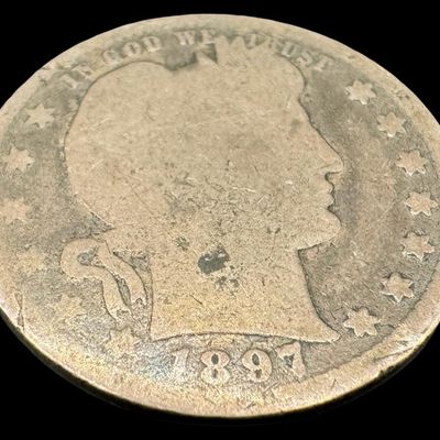 Sale Photo Thumbnail #179: Includes an 1897 Barber quarter, a 1905 Barber dime, and an 1845 half dime. Total of three ungraded coins. Silver content is 90%. [PM]